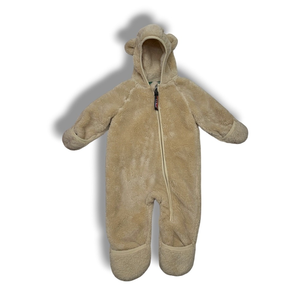 L.L.Bean Fleece Bunting Baby‎ 3-6M Tan Hi-Pile Sherpa Bear Ear Hooded Snowsuit